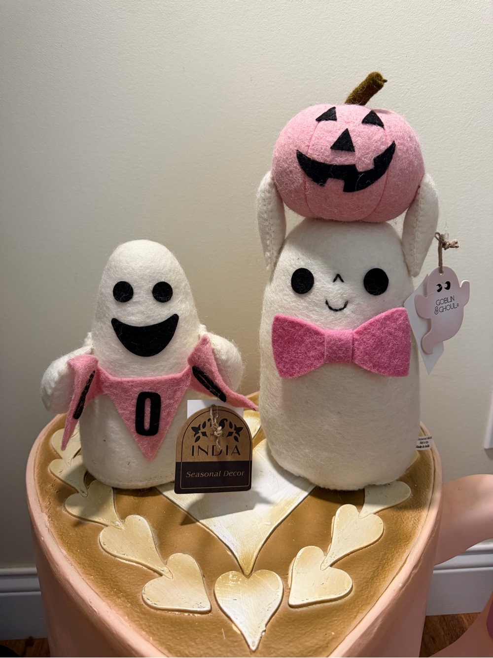 Set of 2 Goblin & Ghoul & Made in India Halloween Felt Pink & White Ghosts
